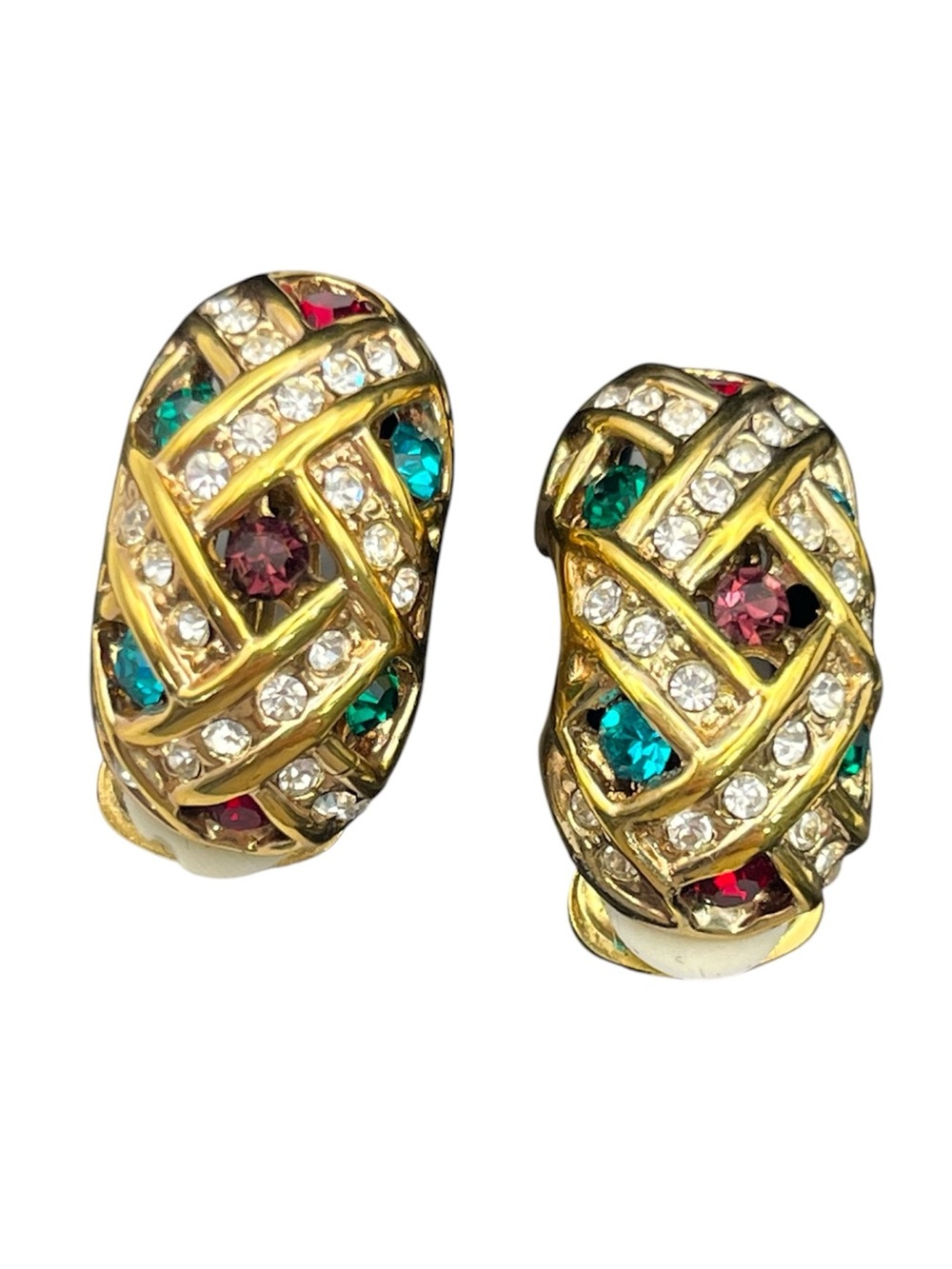 Multi colored rhinestone basket weave gold tone vintage clip on earrings
